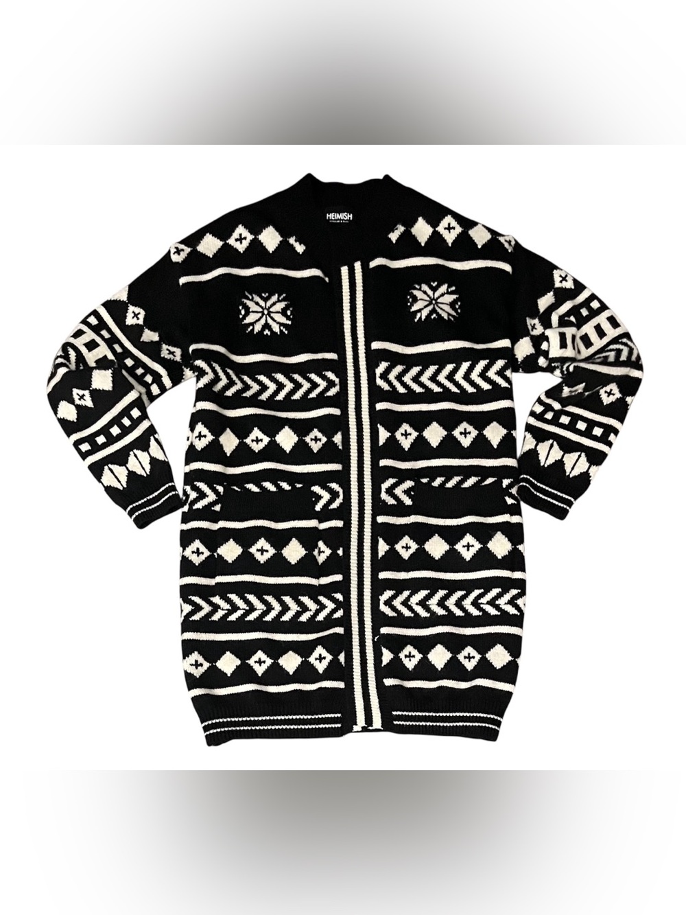 Heimish Size M/L Black & White Geometric Pattern Open Front Cardigan.